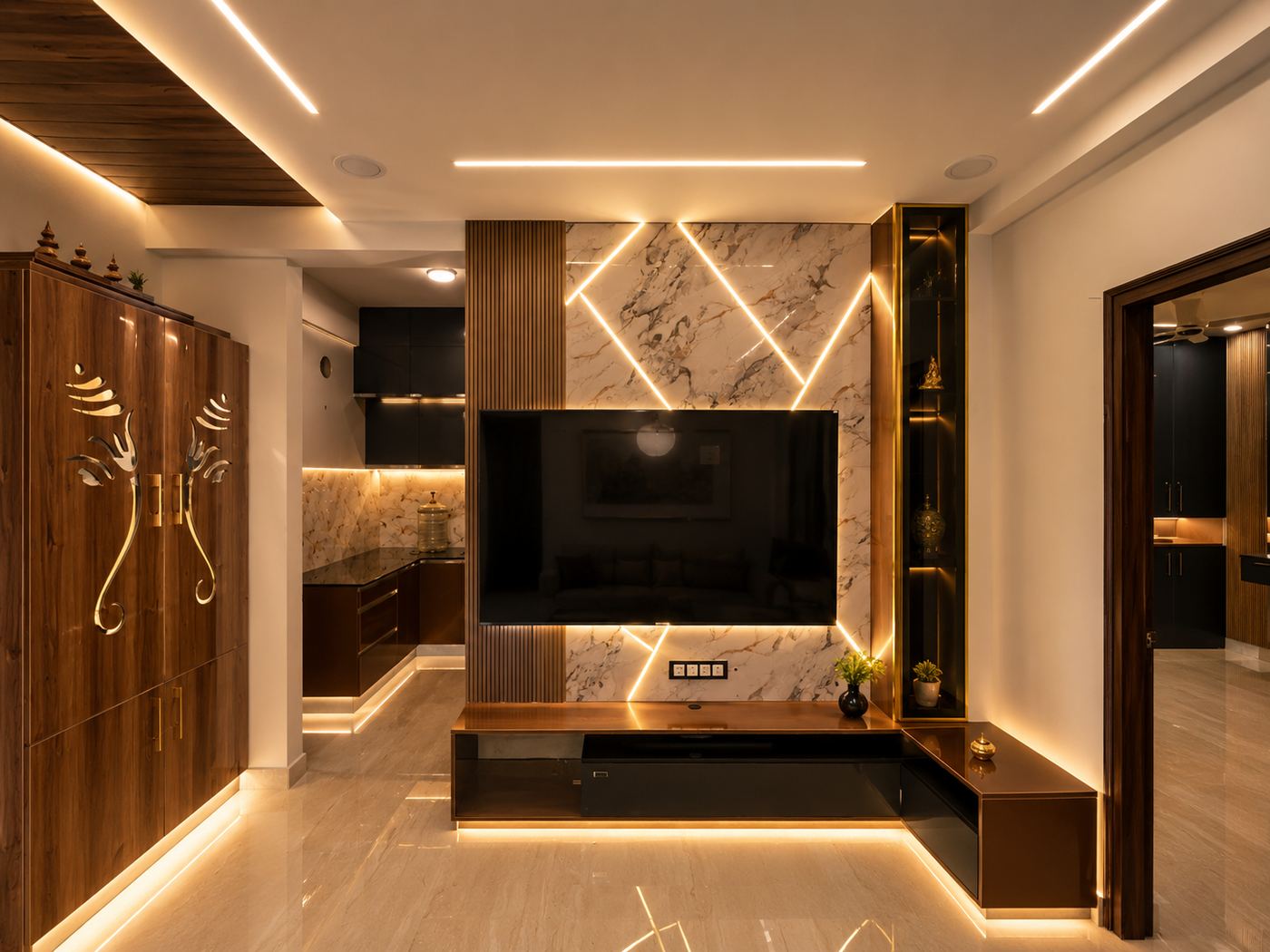 TV unit with marble panelling