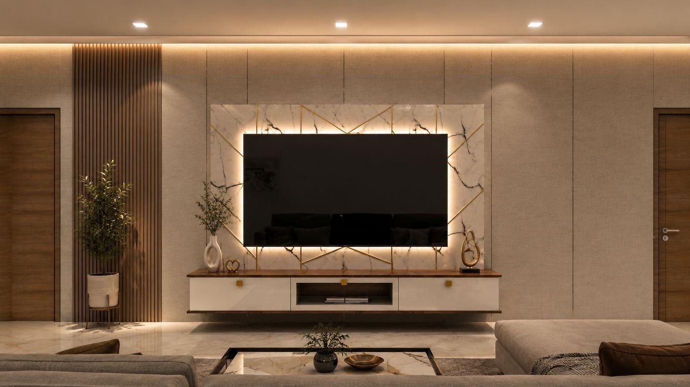 Living room TV unit with marble