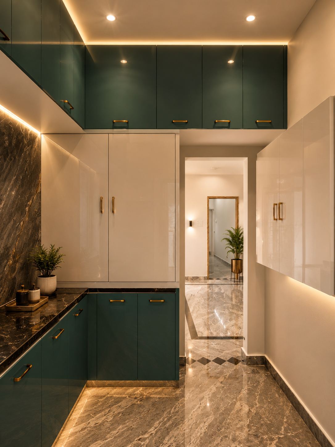 Kitchen and utility, teal cabinets