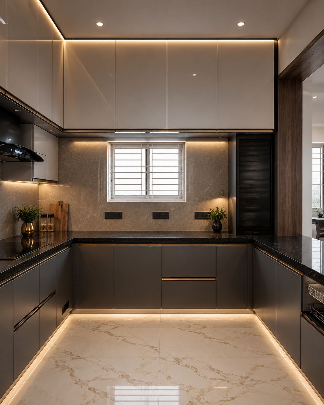 Dark kitchen with gold trim